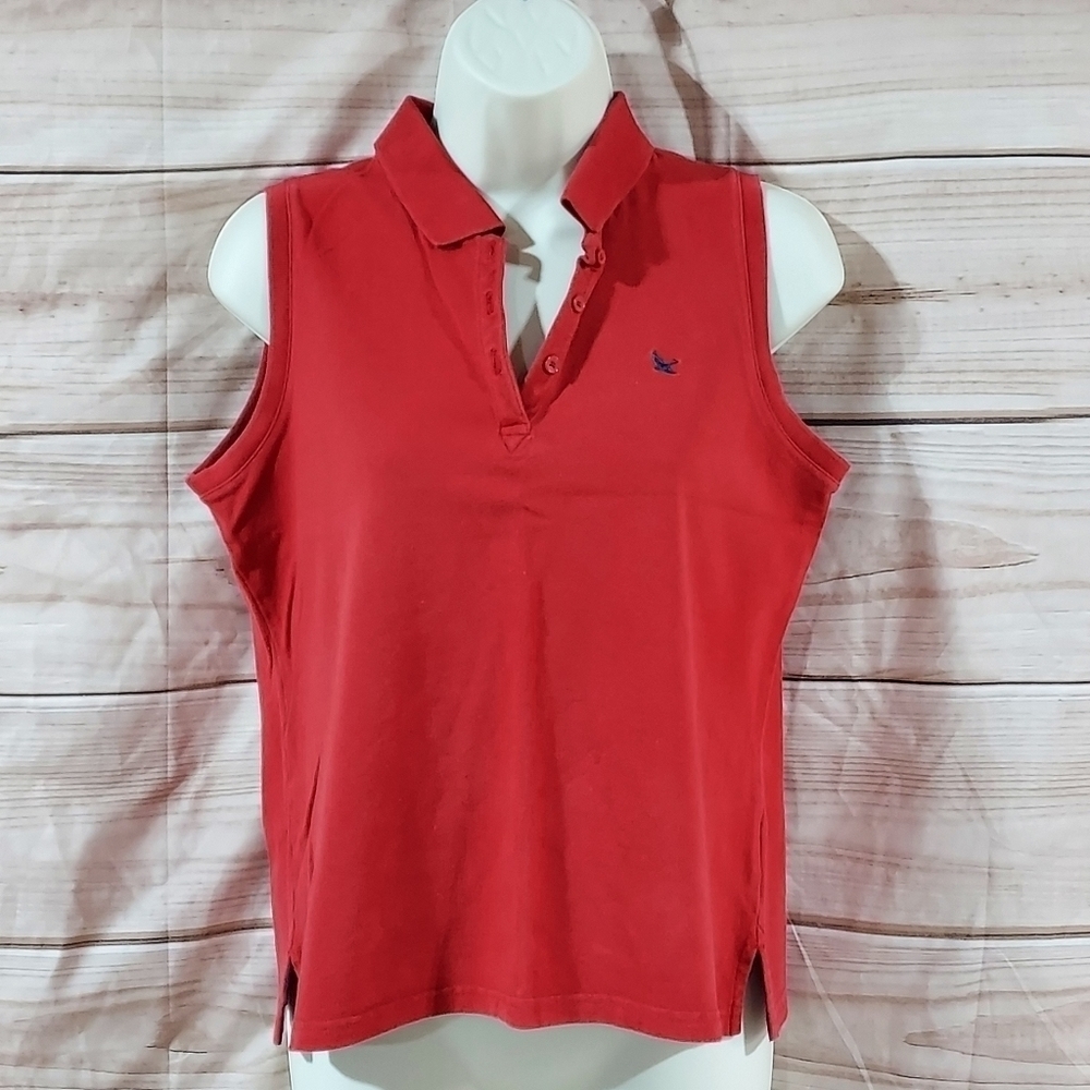 Eddie Bauer polo sleeveless stretch brick garnet red with navy trim S Petite